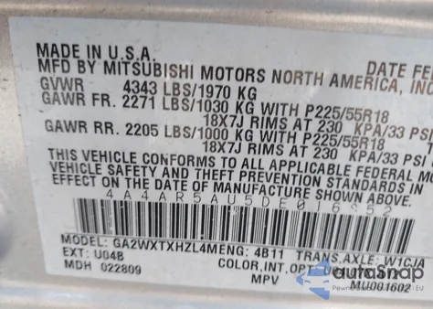 2013 Mitsubishi Outlander Sport Le from USA, damaged, VIN 4A4AR5AU5DE016852